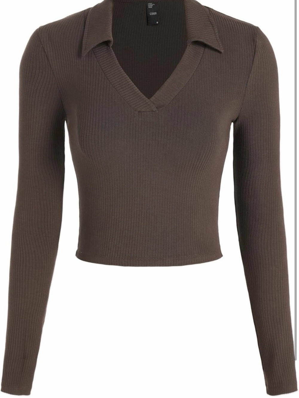 Cider Ribbed V-Neck Collared Crop Top in Brown
